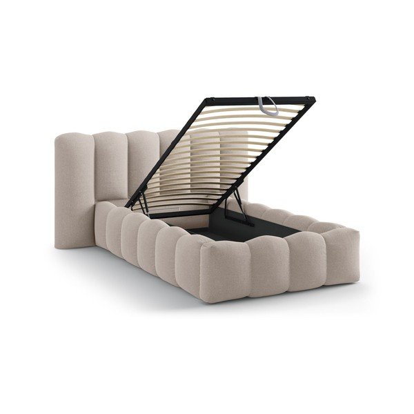 Světle hnědá čalouněná jednolůžková postel s úložným prostorem s roštem 90x200 cm Lupine – Micadoni -image-1