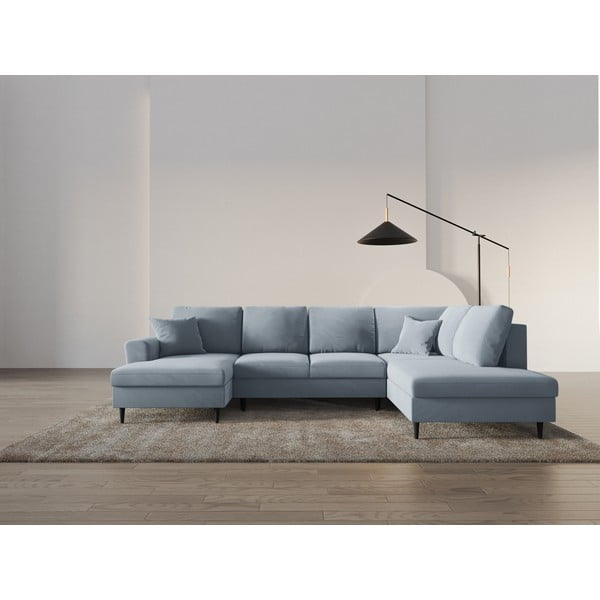 Světle modrá sametová rozkládací/s úložným prostorem rohová pohovka (pravý roh/do "U") Kyoto – Cosmopolitan Design-image-2