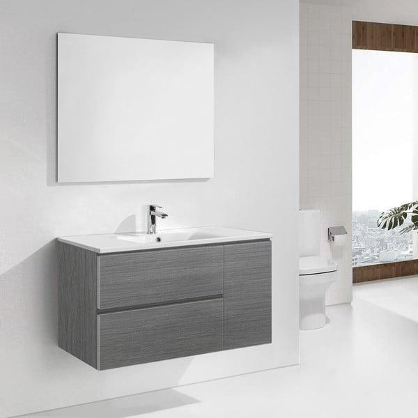 Koupelnová skříňka s umyvadlem a zrcadlem Happy, odstín šedé, 100 cm