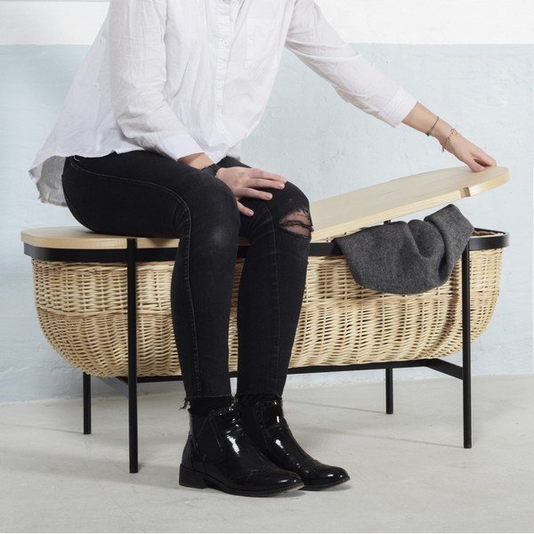 Proutěná lavice s černou konstrukcí a úložným prostorem OK Design Willow-image-2