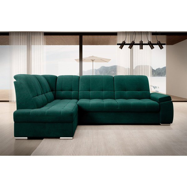 Zelená sametová rozkládací/s úložným prostorem rohová pohovka (levý roh/do L) Sado – ELTAP-image-3