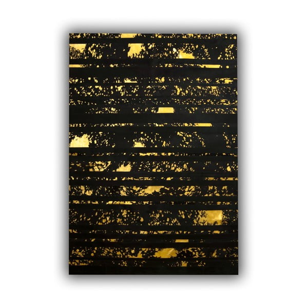 Černý kožený koberec s detaily ve zlaté barvě Pipsa Stripes, 180 x 120 cm
