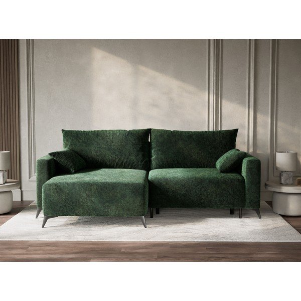 Tmavě zelená žinylková rozkládací/s úložným prostorem rohová pohovka (levý roh/s lenoškou) Leon – Maison de Rêve-image-1