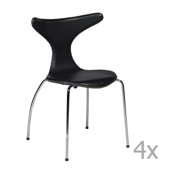 Sada 4 černých  kožených jídelních židlí s kontrastním prošitím DAN– FORM Dolphin