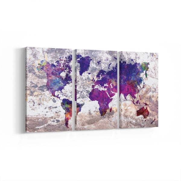 Sada 3 fialových obrazů World, 30 x 60 cm