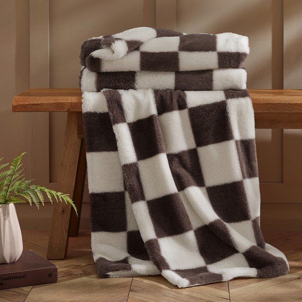 Bílá/tmavě hnědá deka 130x170 cm Cosy Soft Checkerboard – Catherine Lansfield-image-2