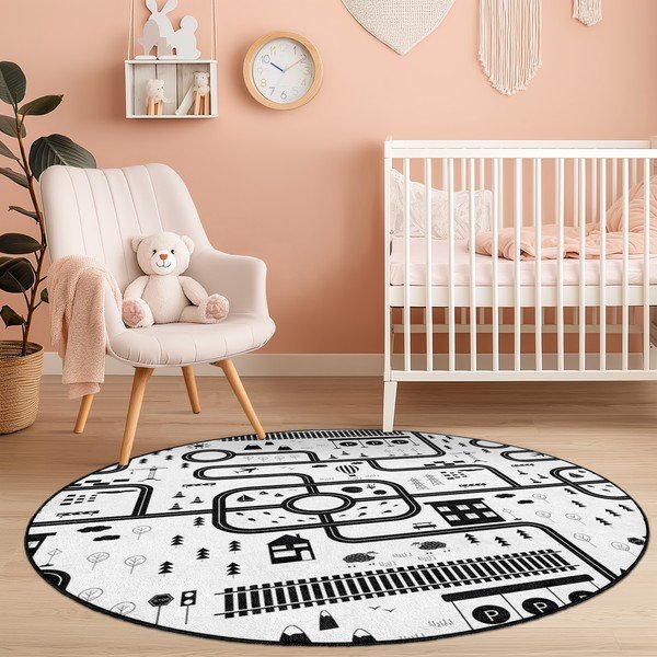 Černobílý pratelný dětský hrací koberec ø150 cm In My Town – Mila Home-image-4