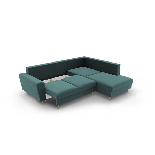 Sametová rozkládací/s úložným prostorem rohová pohovka v petrolejové barvě (pravý roh/do L) Kyoto – Cosmopolitan Design-image-3