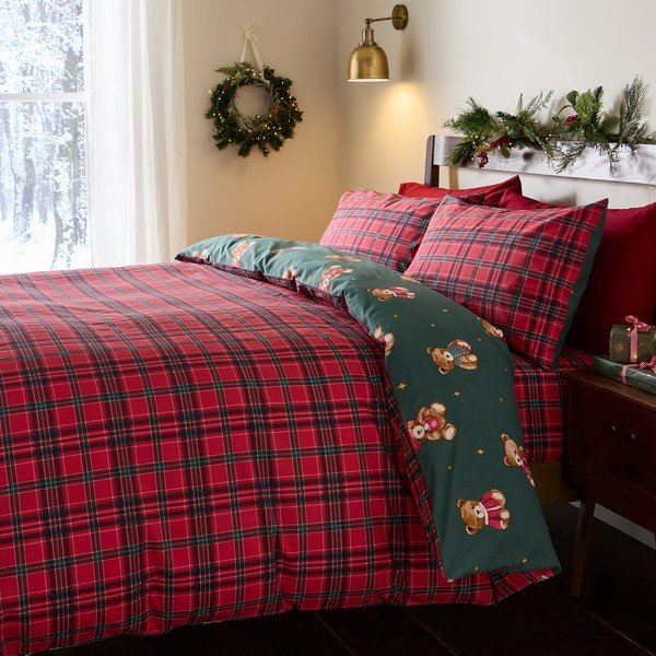 Červené/tmavě zelené povlečení na jednolůžko 150x120 cm Christmas Tartan Teddy Bear – Catherine Lansfield-image-1