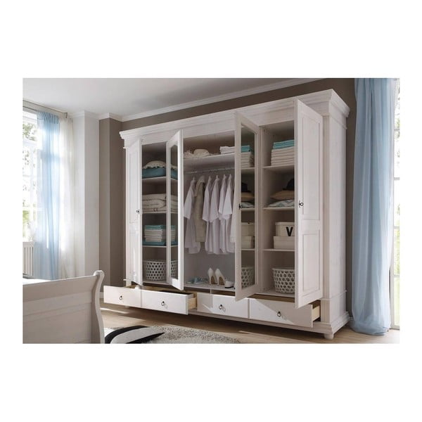 Bílá čtyřdveřová šatní skříň z borovicového dřeva SOB Harald-image-1