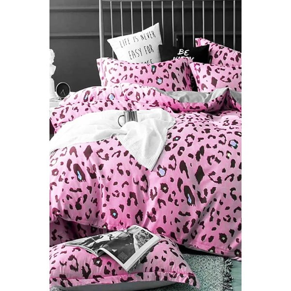 Růžové prodloužené čtyřdílné  bavlněné povlečení na dvoulůžko s prostěradlem 200x220 cm Leopard – Mila Home