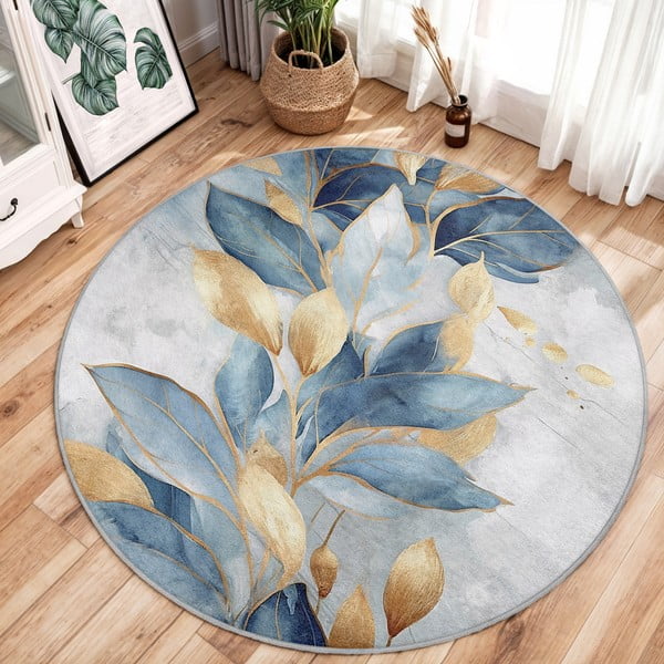 Pratelný kulatý koberec v modré a zlaté barvě ø 120 cm Golden Leaves – Mila Home-image-2