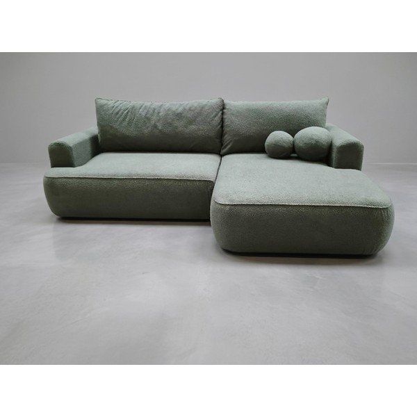 Zelená rozkládací/s úložným prostorem rohová pohovka z textilie bouclé (pravý roh/s lenoškou) Quinoa - II. jakost – Bonami Selection-image-1