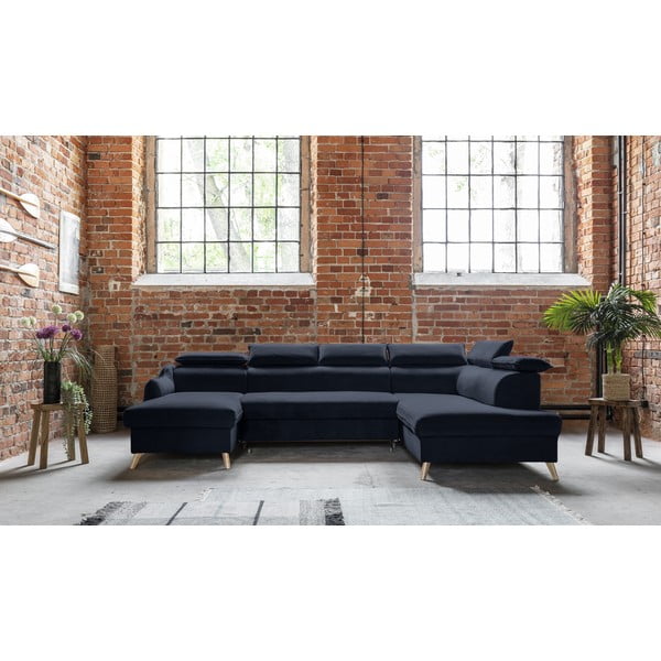 Tmavě modrá sametová rozkládací rohová pohovka do "U" (pravý roh) Sweet Harmony – Miuform-image-1