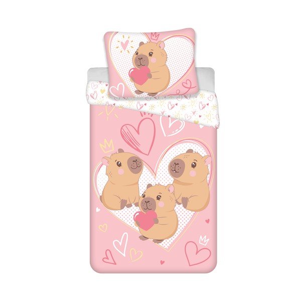 Růžové bavlněné dětské povlečení na jednolůžko 140x200 cm Kapybara Heart – Jerry Fabrics