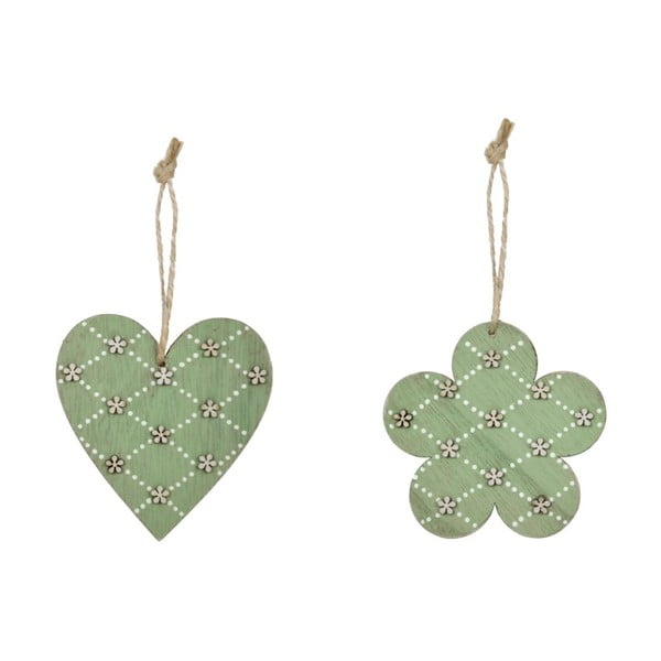 Sada 2 zelených dřevěných závěsných dekorací s motivem srdce a květiny Ego Dekor, 9,5 x 9,5 cm