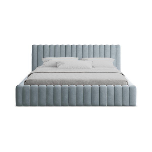 Světle modrá čalouněná dvoulůžková postel s úložným prostorem s roštem 160x200 cm Lemi – Makamii-image-4