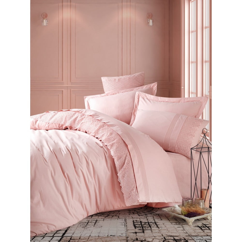 Pudrově růžové bavlněné povlečení s prostěradlem Cotton Box Elba, 200 x 220 cm