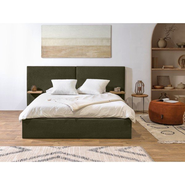Tmavě zelená čalouněná dvoulůžková postel s úložným prostorem s roštem 160x200 cm Blandine – Bobochic Paris-image-1