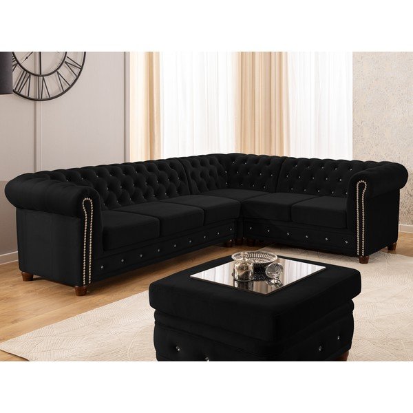 Černá sametová rozkládací rohová pohovka (pravý roh/do L) York Blik – Ropez-image-1