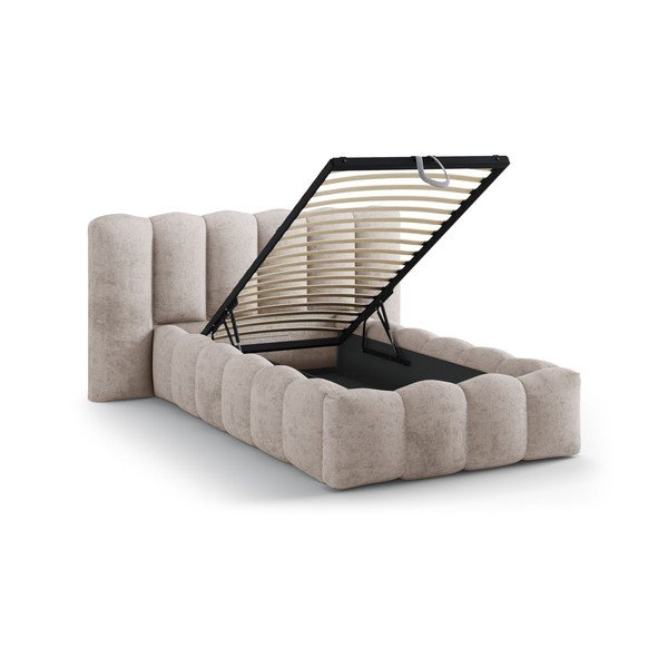 Světle hnědá čalouněná jednolůžková postel s úložným prostorem s roštem 90x200 cm Lupine – Micadoni -image-1