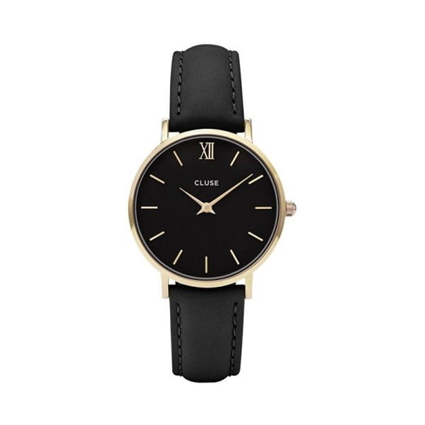 Dámské černé hodinky s koženým řemínkem a detaily ve zlaté barvě Cluse Minuit