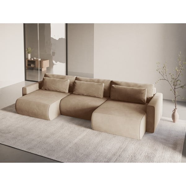 Světle hnědá sametová rozkládací rohová pohovka s úložným prostorem  (do "U") Belfast – Cosmopolitan Design-image-1