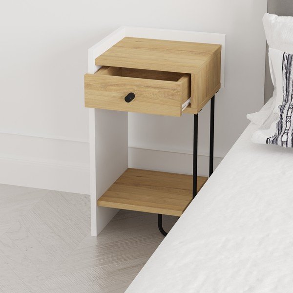 Bílý/v přírodní barvě noční stolek v dekoru dubu s poličkami Mercure – Marckeric-image-1