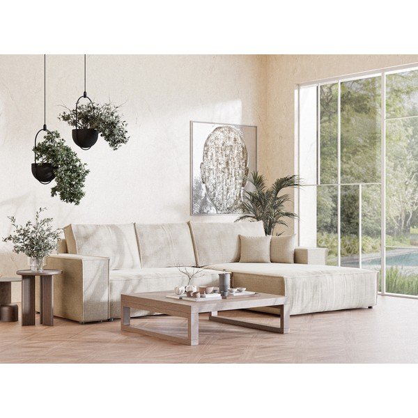 Krémová žinylková rozkládací/s úložným prostorem rohová pohovka (pravý roh/s lenoškou) Maze – Maison de Rêve-image-1