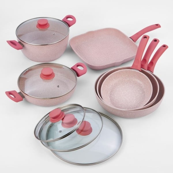 10dílný set nádobí se světle růžovou rukojetí Bisetti Stonerose