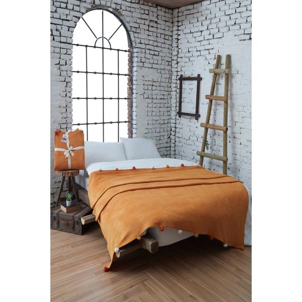 Fleecový přehoz v hořčicové barvě 200x220 cm Pom Pom – Mijolnir-image-1