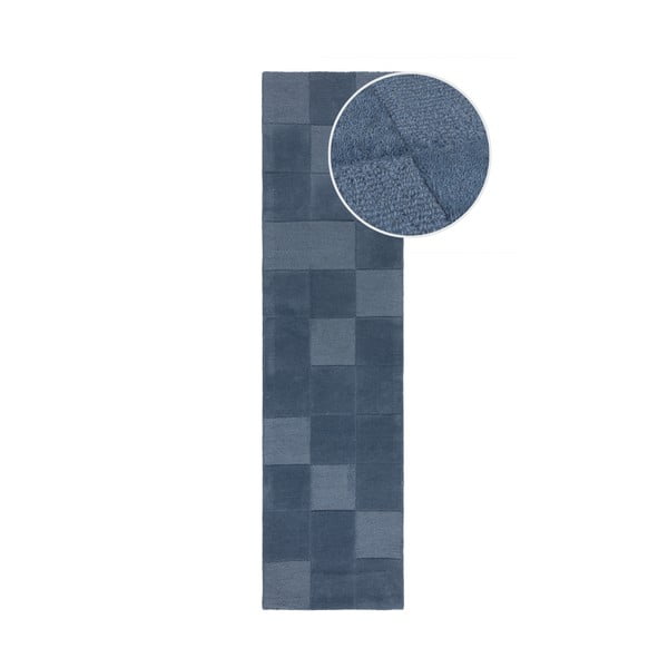 Tmavě modrý ručně tkaný vlněný běhoun 60x230 cm Checkerboard – Flair Rugs