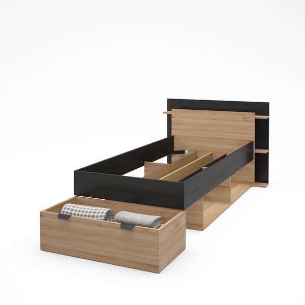 Jednolůžková postel v dekoru dubu s úložným prostorem bez roštu v černo-přírodní barvě 90x200 cm Albo – Marckeric-image-4