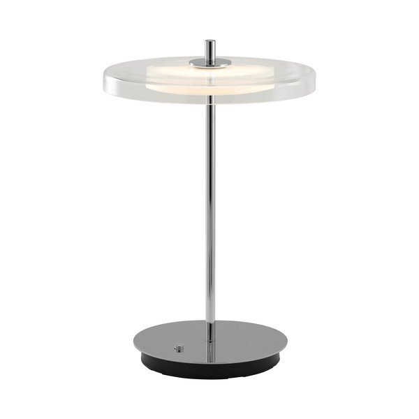 Ocelová LED stolní lampa s USB portem ve stříbrné barvě se skleněným stínidlem (výška 31 cm) Asteria Move – UMAGE