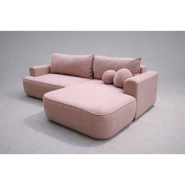 Světle růžová rozkládací/s úložným prostorem rohová pohovka z textilie bouclé (pravý roh/s lenoškou) Quinoa - II. jakost – Bonami Selection-image-2