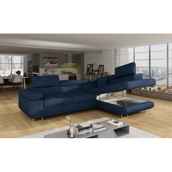 Modrá sametová rozkládací/s úložným prostorem rohová pohovka (pravý roh/do L) Anton – ELTAP-image-4