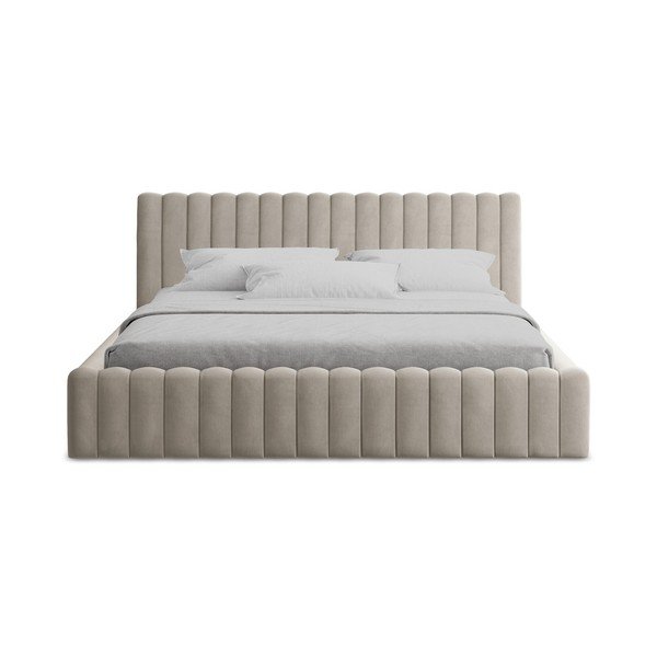 Taupe čalouněná dvoulůžková postel s úložným prostorem s roštem 160x200 cm Lemi – Makamii-image-4