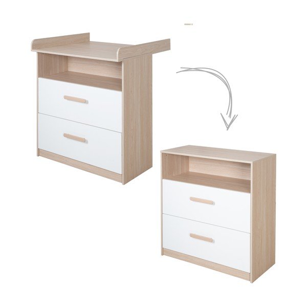 Bílá/v přírodní barvě dětská komoda v dekoru dubu s přebalovacím pultem 88x98x75 cm Cabane – Roba-image-2