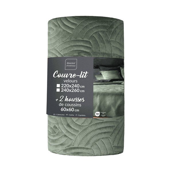 Zelený sametový set přehozu a povlaku na polštář 240x260 cm Solange – douceur d'intérieur