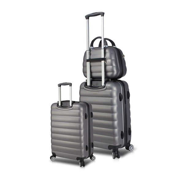 Sada 2 šedých cestovních kufrů na kolečkách s USB porty a příručního kufříku My Valice RESSO Cab Med & MU