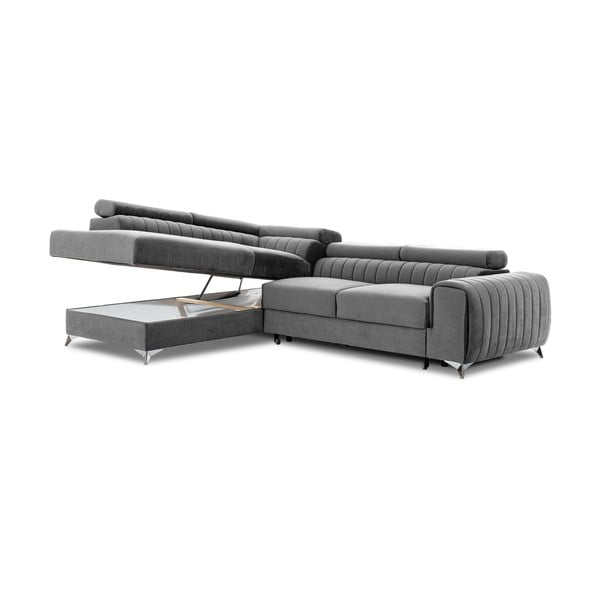 Šedá sametová rozkládací/s úložným prostorem rohová pohovka (levý roh/do L) Laurence – ELTAP-image-2