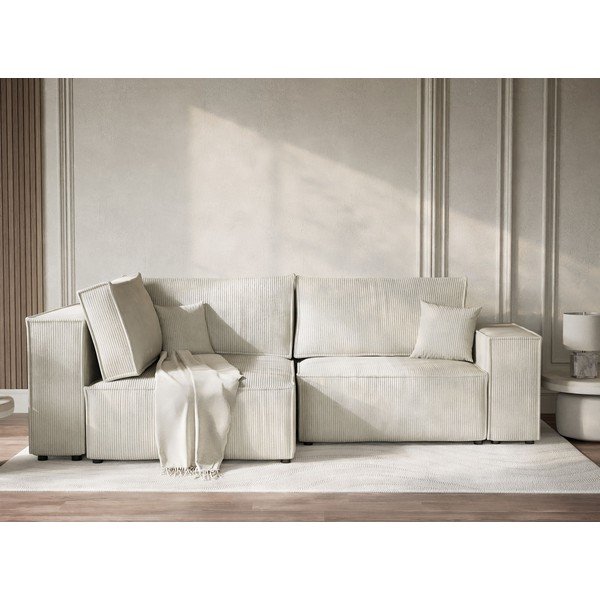 Krémová manšestrová rozkládací/s úložným prostorem rohová pohovka (levý roh/do L) Tonga – Maison de Rêve-image-1