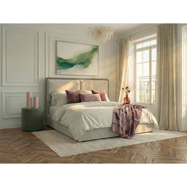 Béžová/taupe čalouněná dvoulůžková postel s úložným prostorem s roštem 180x200 cm Mara – Bobochic Paris-image-1