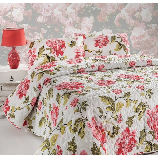 Přehoz přes postel a povlak na polštář Flower Pink, 160x220 cm