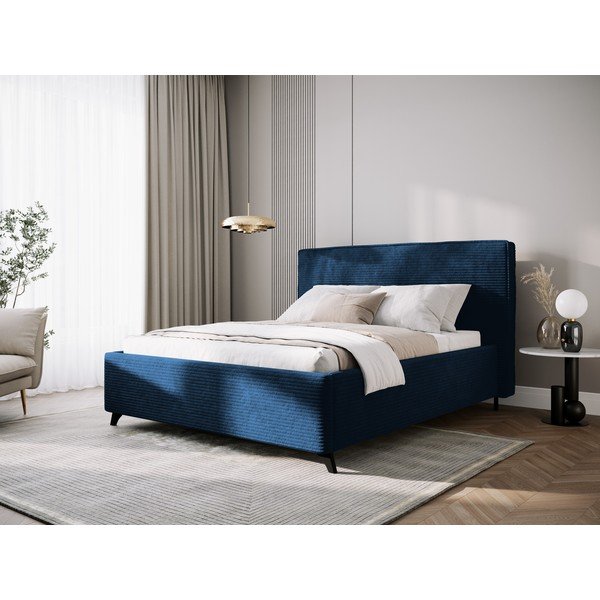 Tmavě modrá čalouněná dvoulůžková postel s úložným prostorem a roštem 160x200 cm Malou – Milo Casa-image-1