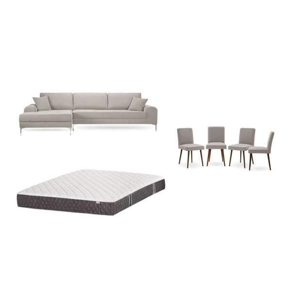 Set krémové pohovky s lenoškou vlevo, 4 šedobéžových židlí a matrace 160 x 200 cm Home Essentials