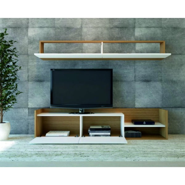 Bílá/přírodní TV sestava v dekoru exotického dřeva 180x40 cm Kale – Kalune Design-image-1