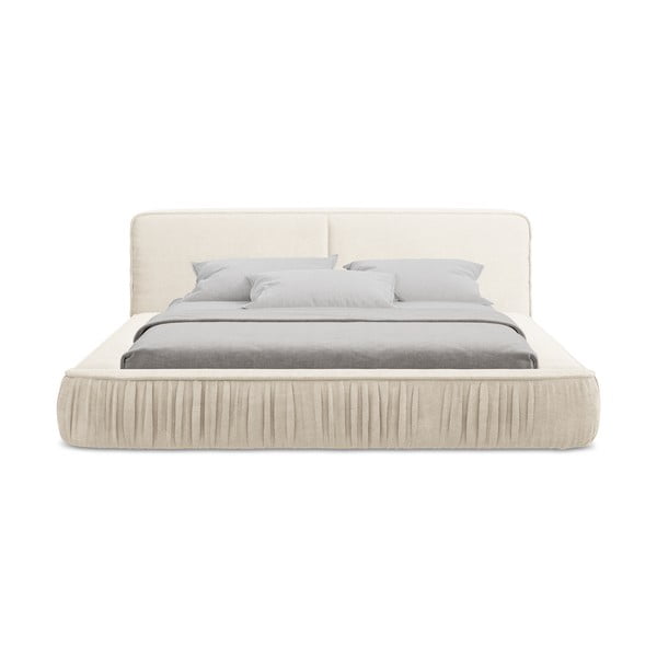Krémová čalouněná dvoulůžková postel s úložným prostorem s roštem 140x200 cm Keoni – Makamii-image-4