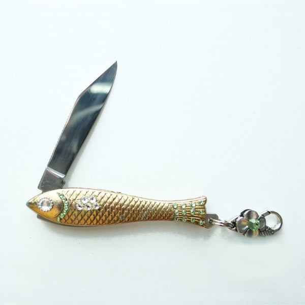 Český nožík rybička, zlatý se zelenými krystaly
