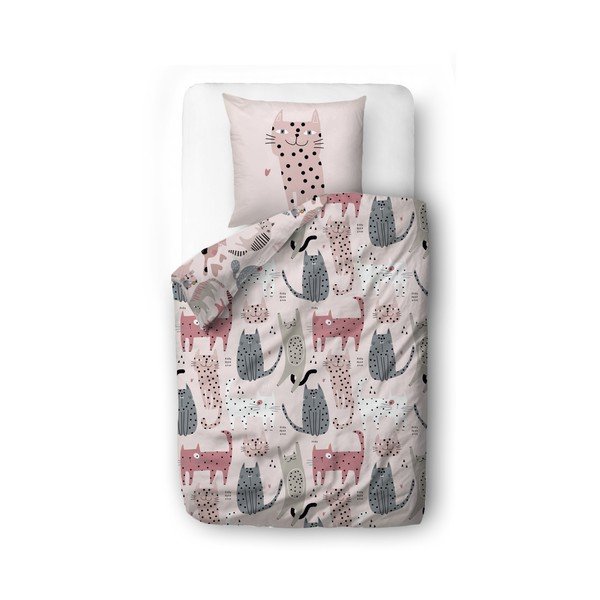 Růžové dětské povlečení na jednolůžko z bavlněného saténu 140x200 cm Meow Meow – Butter Kings